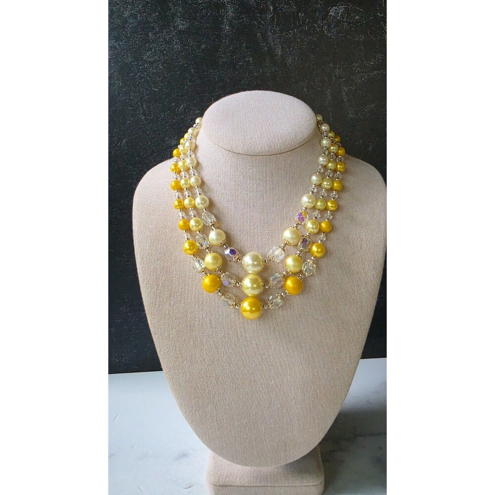 Yellow Multistrand Adjustable Beaded Necklace Vintage Japan Costume Jewelry
